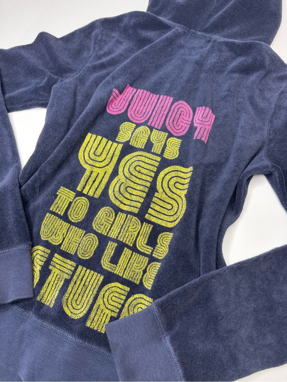 Juicy Couture Y2K Navy Terry Cloth Hoodie Youth S Fits XS Adult Graphic Zip